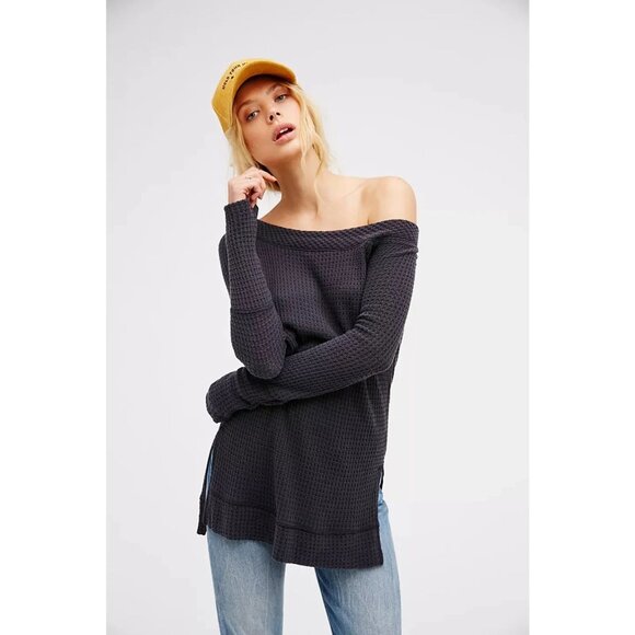 Free People Kate Thermal Waffle Tunic Sweater Off The Shoulder Top Sea Mist Sz S - Picture 9 of 9